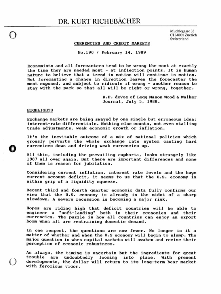190 - The Richebacher Letter - February 1989, More Instability All in ...