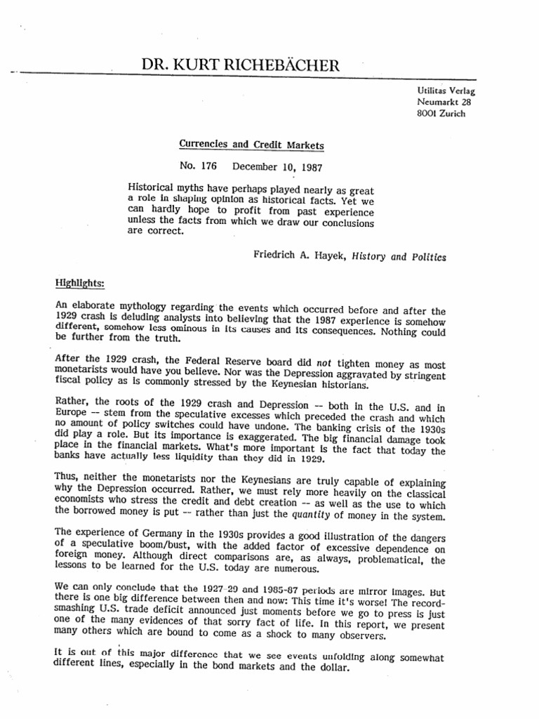 176 - The Richebacher Letter - December 1987, 1987 versus 1929 | PDF ...