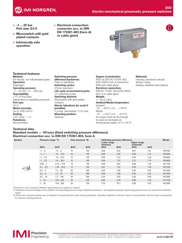 Pressostato Norgren 04015600 – Nuovo 1PZ, Modello Sostitutivo Per Sistemi Pneumatici