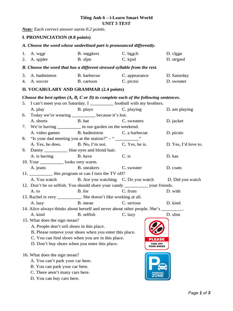 Tieng Anh 6 Smart World - Unit 3 Test | PDF