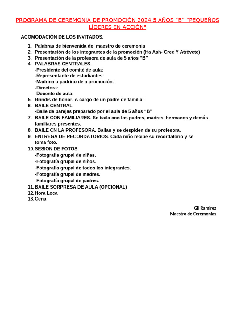 Programa de Ceremonia Promoción 5 Años B | PDF