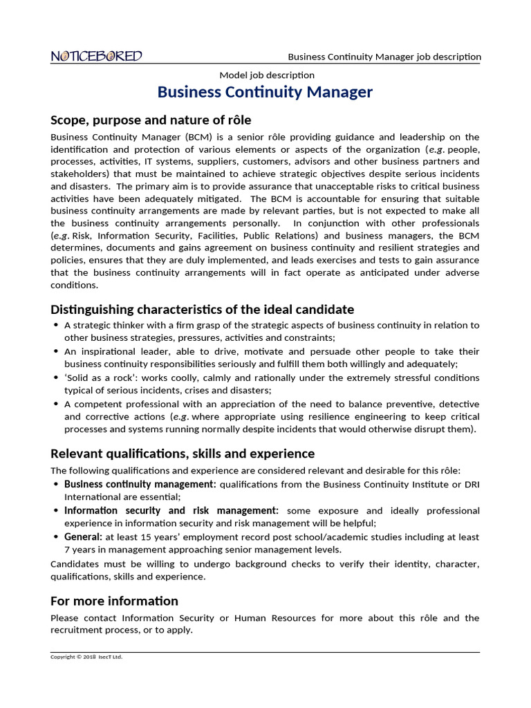 NB Model Job Description For Business Continuity Manager | PDF ...