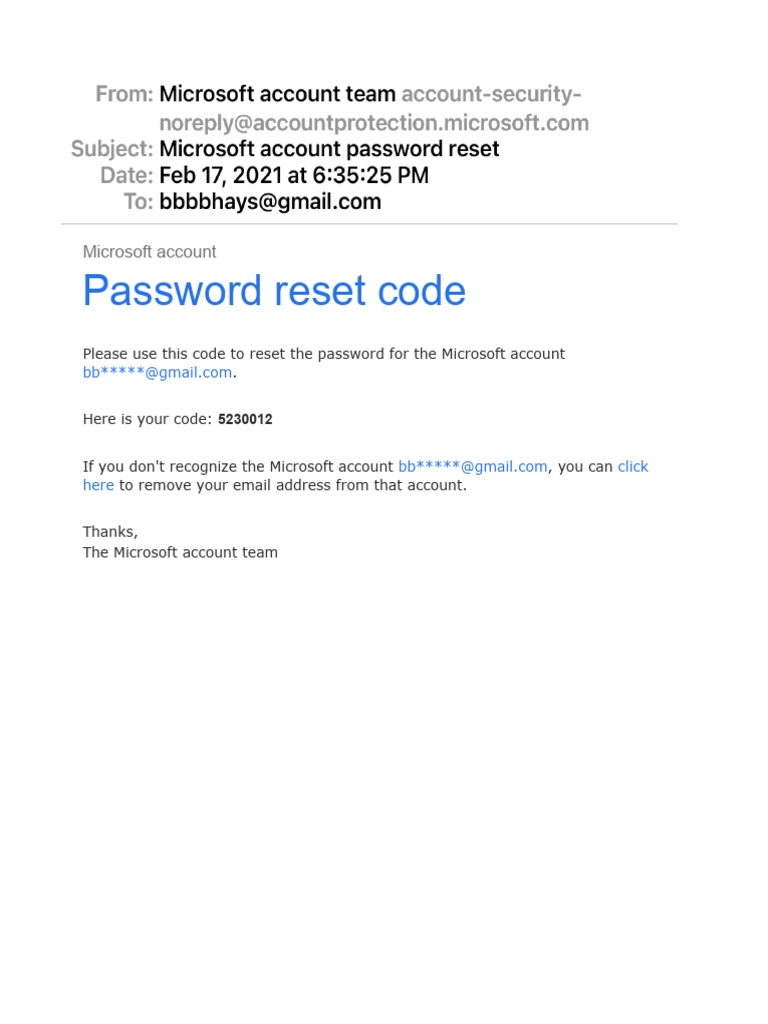 Microsoft Account Password Reset Code | PDF