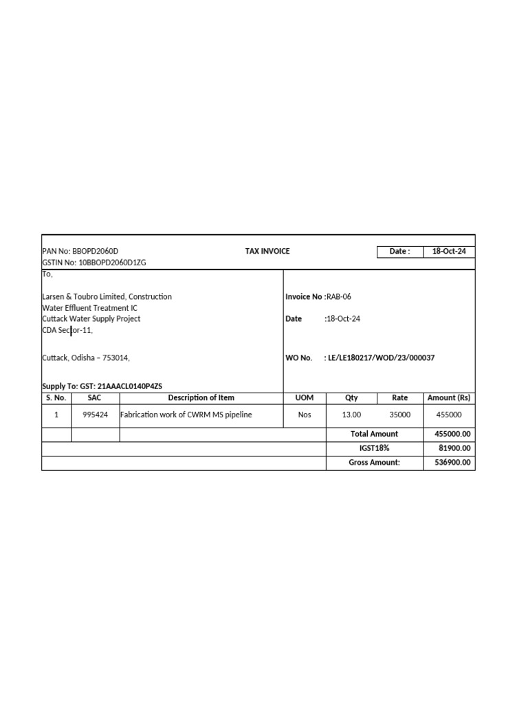 Cuttack Water Supply Invoice Oct 2024 | PDF