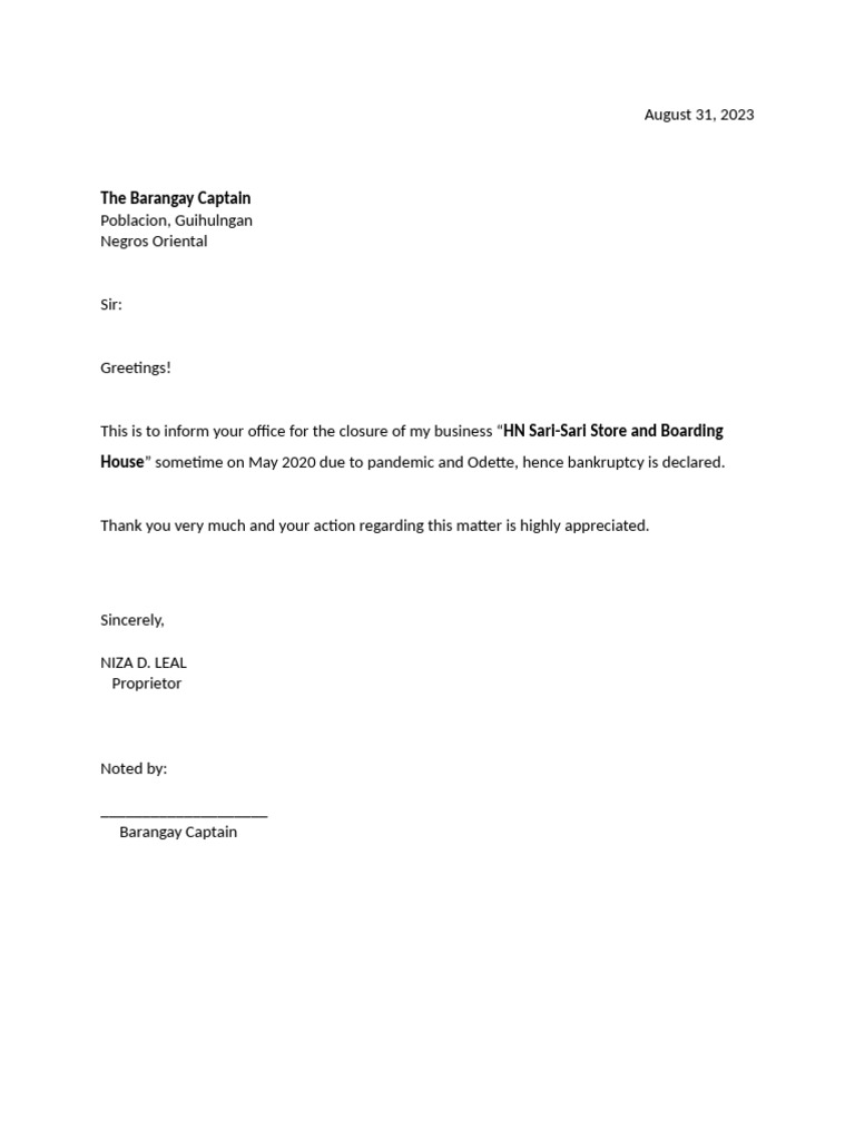 Sari-Sari Store Closure Notification | PDF