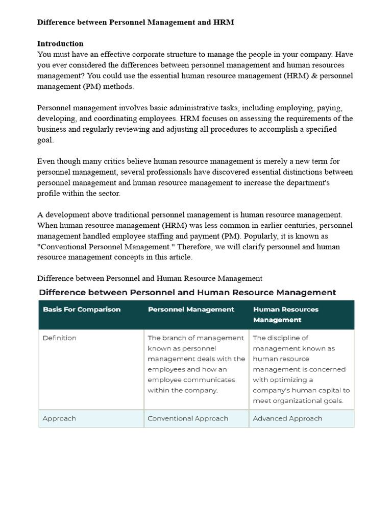 Personnel Management vs. HRM Explained | PDF | Human Resource ...