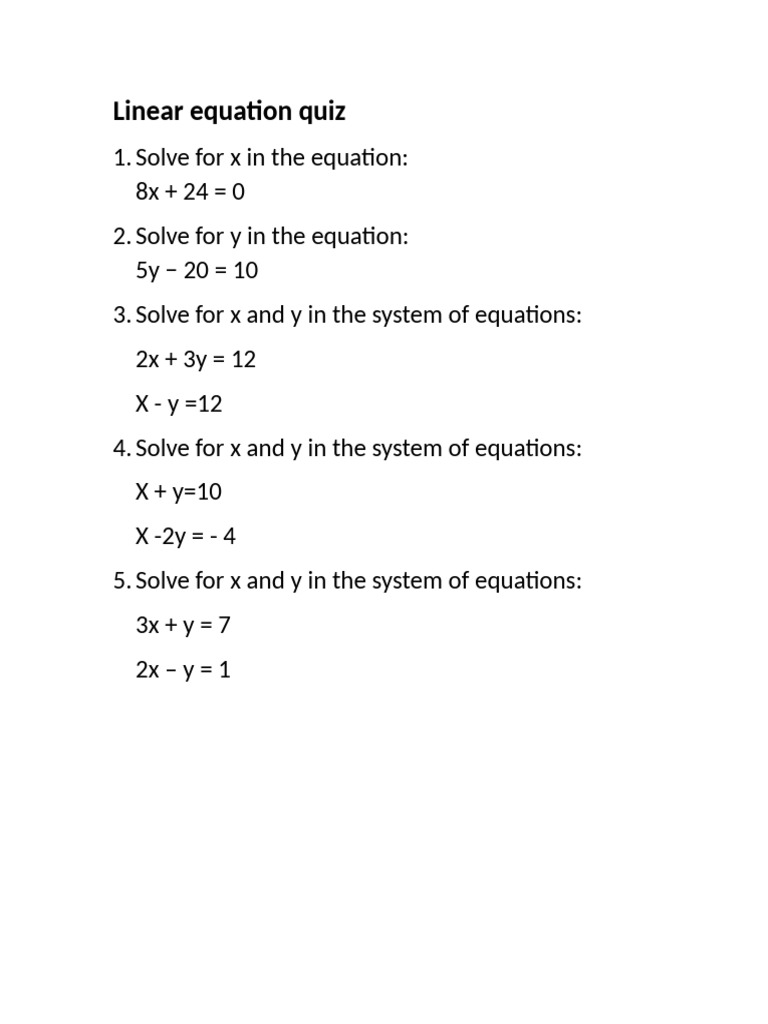 Linear Equations Quiz PDF | PDF