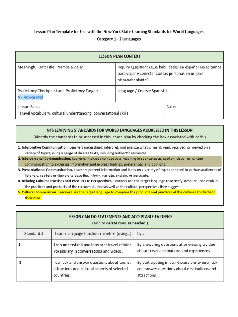 Spanish II Travel Lesson Plan Template | PDF | Communication | Vocabulary