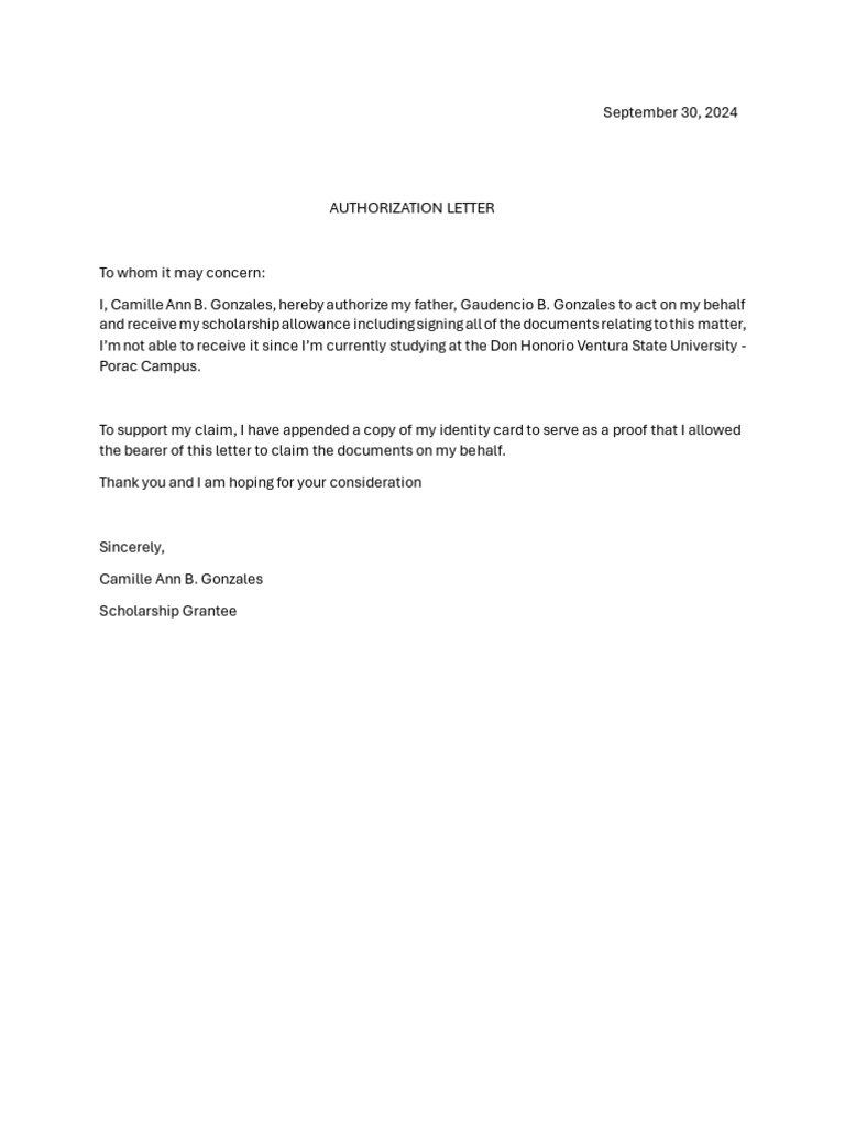 Authorization Letter for Scholarship Claim | PDF