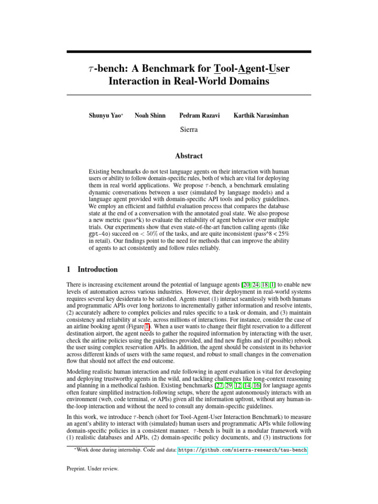 τ-bench: Tool-Agent-User Interaction Benchmark | PDF | Databases ...