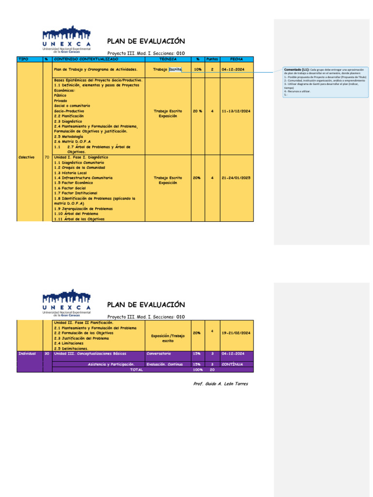 Plan de Evaluacion Proyecto Iii. Semestre I, Secciòn 010 2024 | PDF