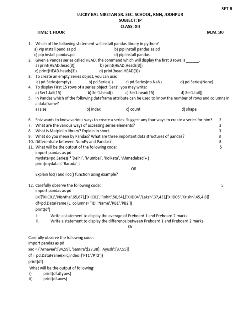 Pandas and DataFrame Exam Questions | PDF | Data Management Software ...