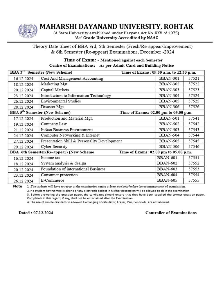 BBA Exam Schedule December 2024 | PDF