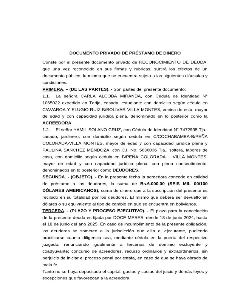 Contrato Privado de Prestamo de Dinero | PDF | Documento de identidad ...