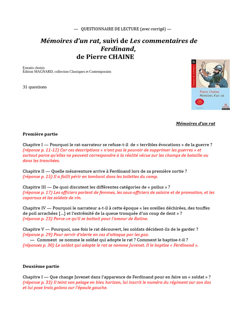 Résumé des Mémoires d'un Rat | PDF