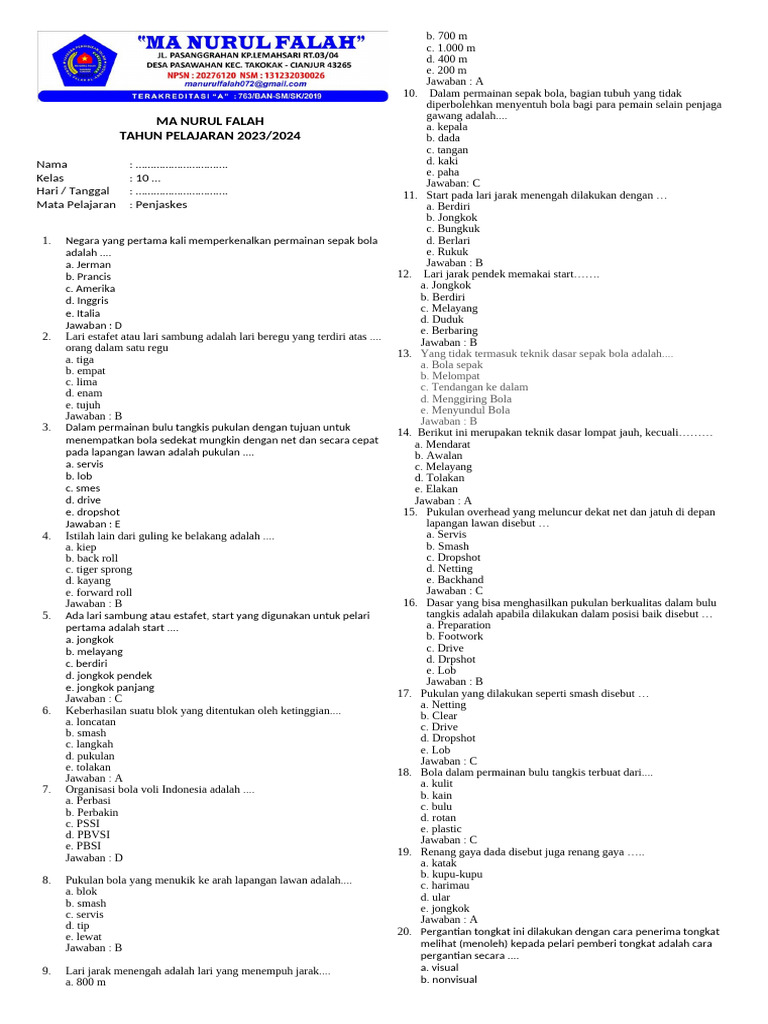 Bersiap Juara: Contoh Soal Ulangan Penjas Semester 2 Kelas 1 SMK untuk Mengukir Prestasi