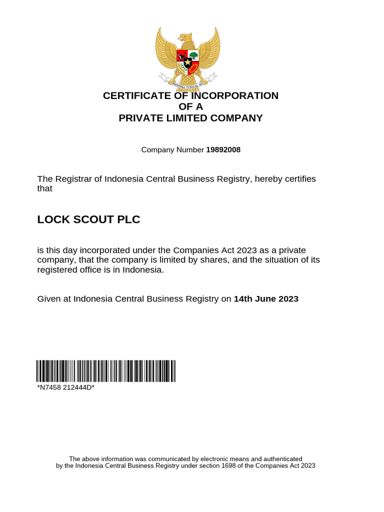 Indonesia Certificate of Registration Word and PDF Template | PDF