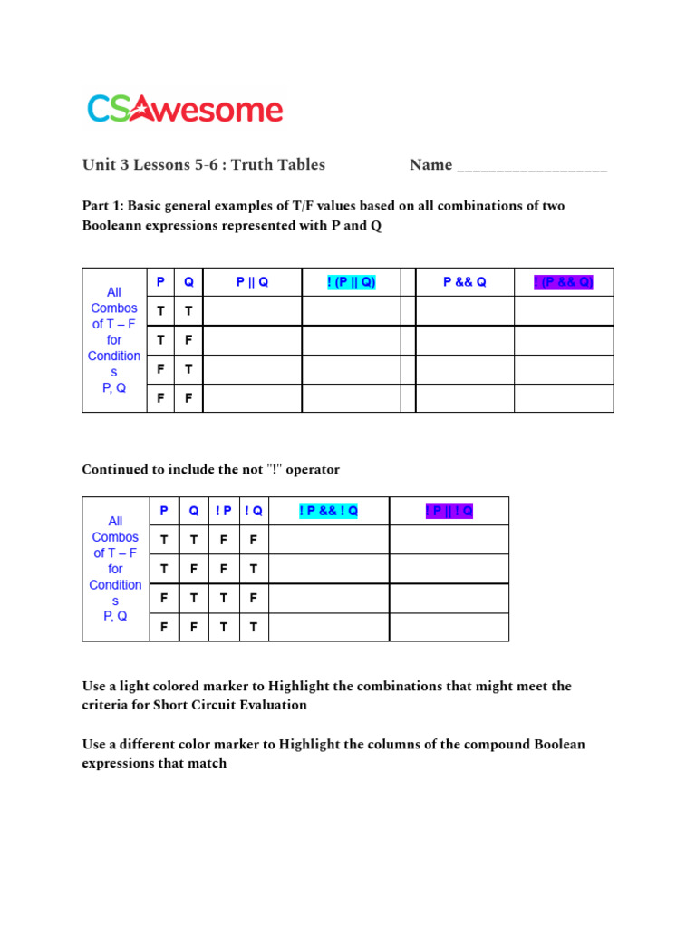 Unit 3 Lesson 5 6 Truth Tables Pdf Boolean Algebra Teaching