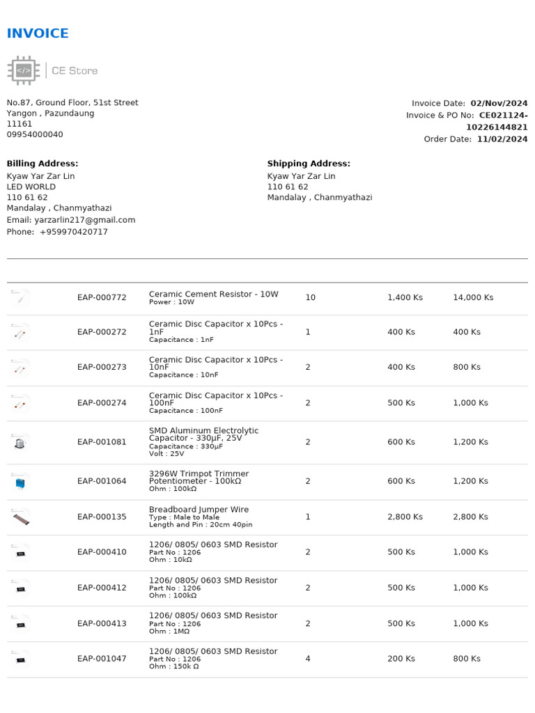 Invoice for Electronic Components Purchase | PDF | Resistor | Capacitor