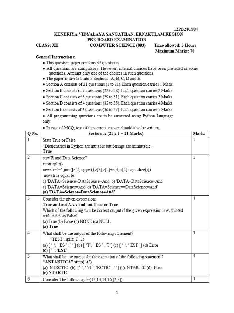 Class XII Computer Science Pre-Board Exam | PDF | Computer Programming ...