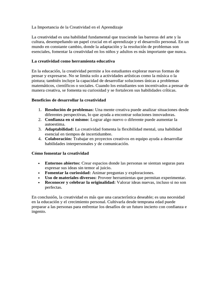 La Importancia de La Creatividad en El Aprendizaje | PDF