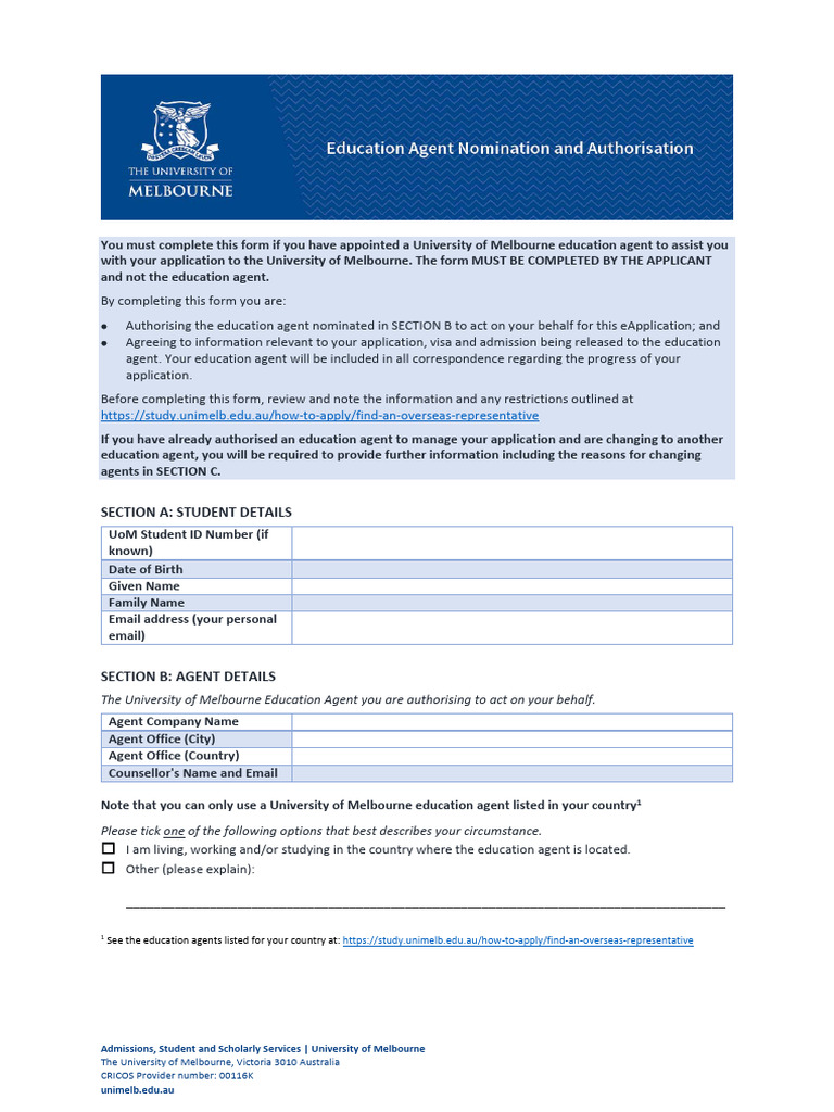University of Melbourne Agent Authorization Form | PDF