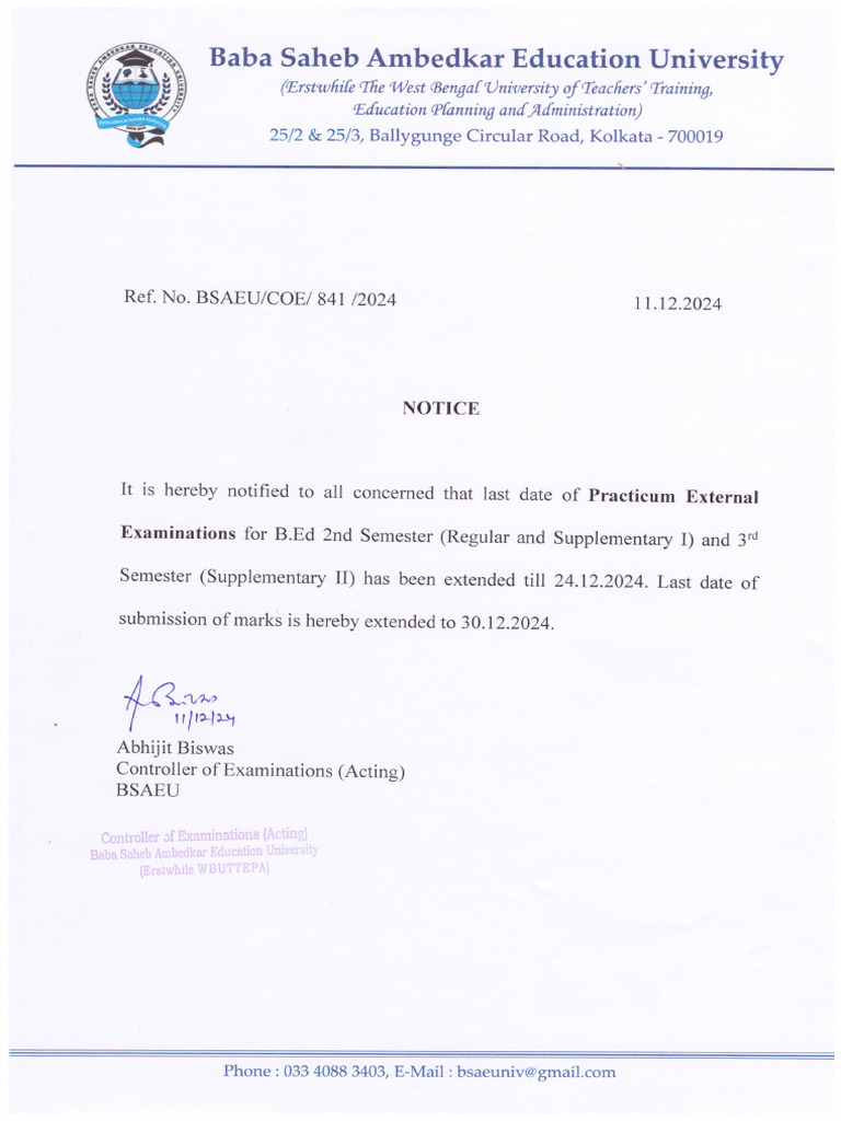 Notice Regarding Extension of B ED Practicum External Dates | PDF