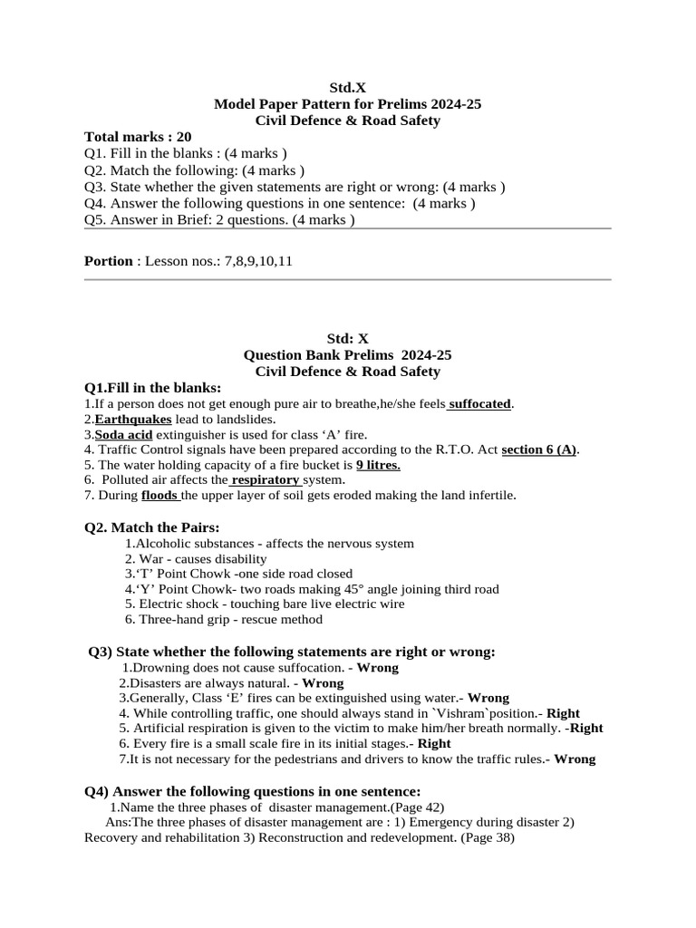 Civil Defence & Road Safety Std X Model Paper | PDF
