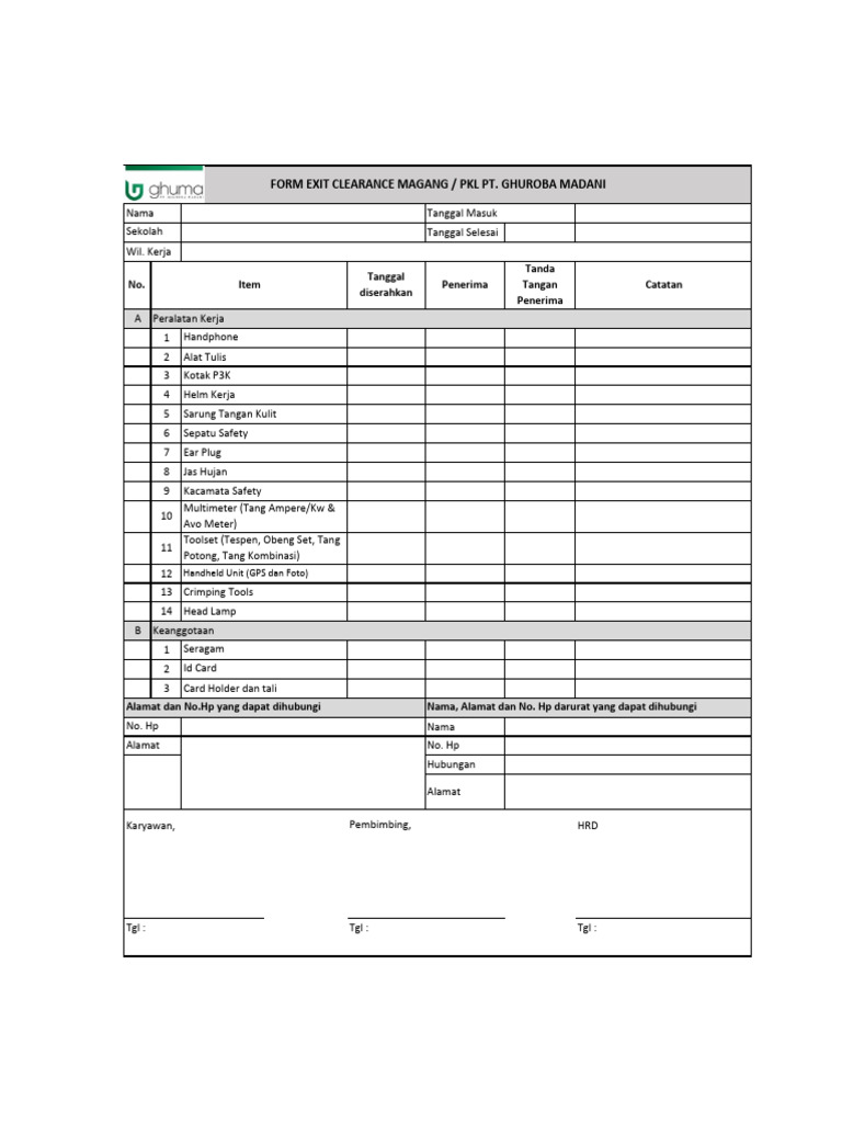 Form Exit Clearance MagangPKL | PDF