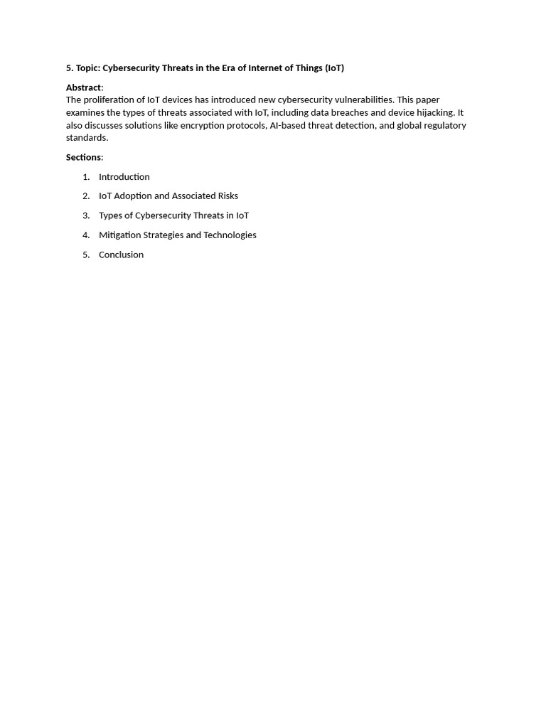 Topic: Cybersecurity Threats in The Era of Internet of Things (Iot) | PDF