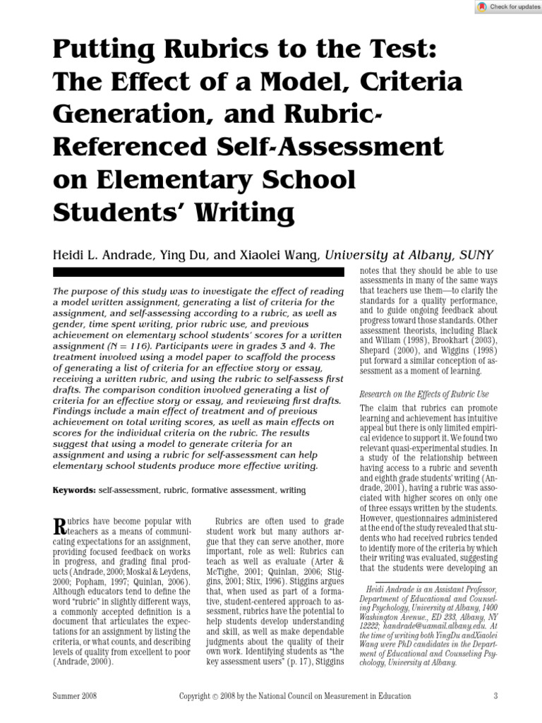 Educational Measurement - 2008 - Andrade - Putting Rubrics To The Test ...