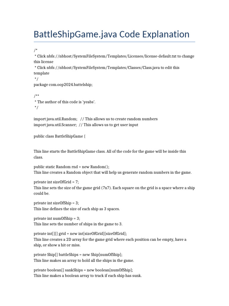 BattleShipGame Code Explanation | PDF