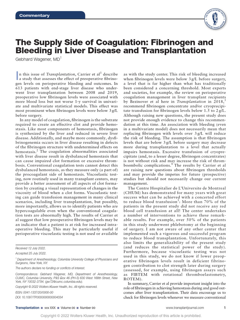 The Supply Side of Coagulation Fibrinogen and Bleeding in Liver Disease ...