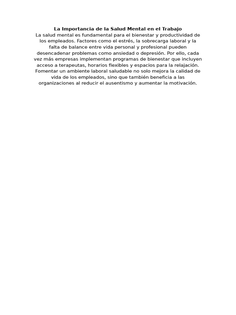 La Importancia de La Salud Mental en El Trabajo | PDF
