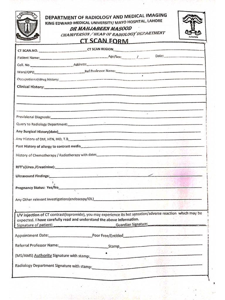 CT Scan, MRI, X Ray Forms | PDF