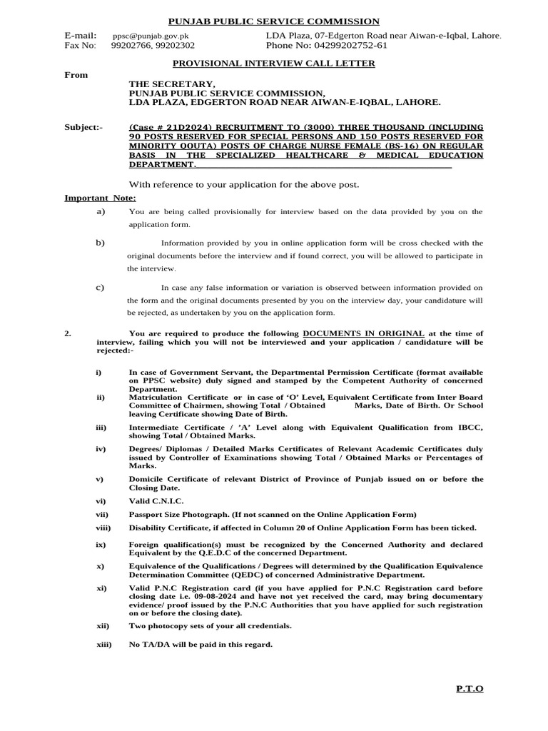 Dbranch934$interview Call Letter of Charge Nurse Female (BS-16) | PDF