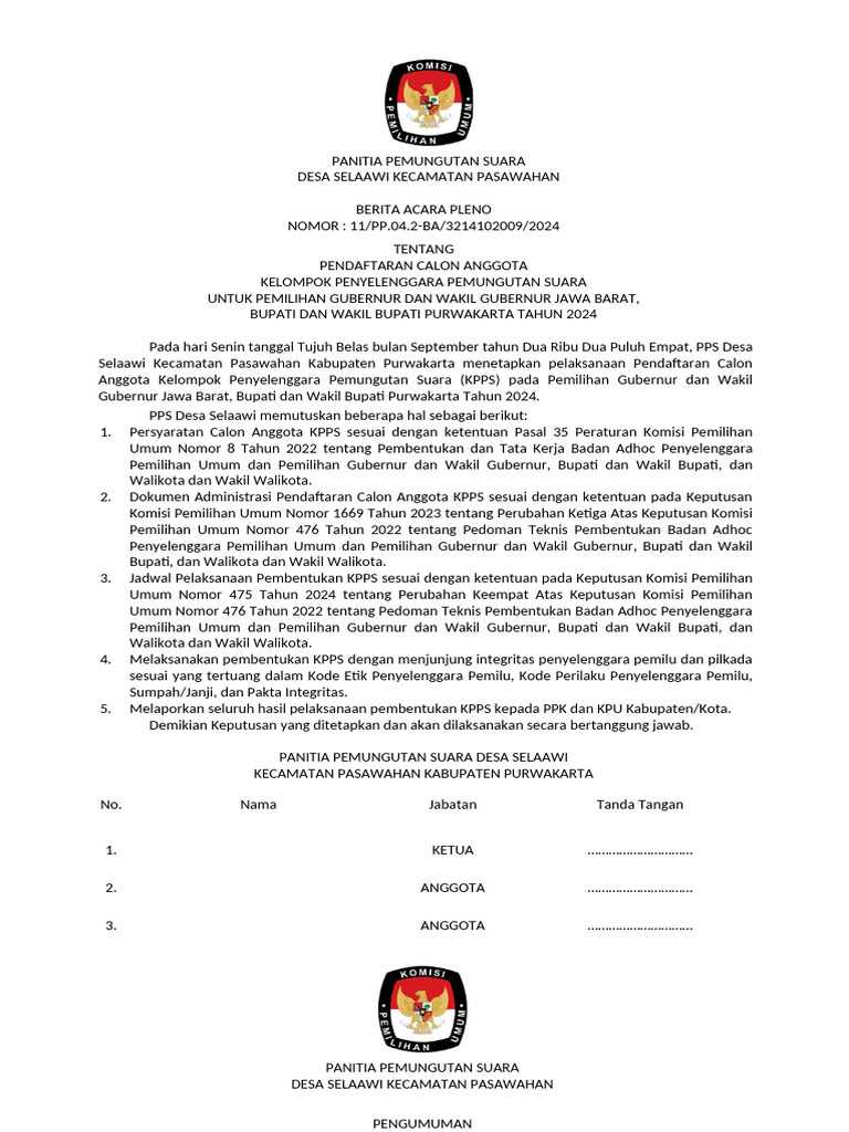 KPPS - Format Pengumuman Pendaftaran Dan Lampirannya - Pilkada | PDF