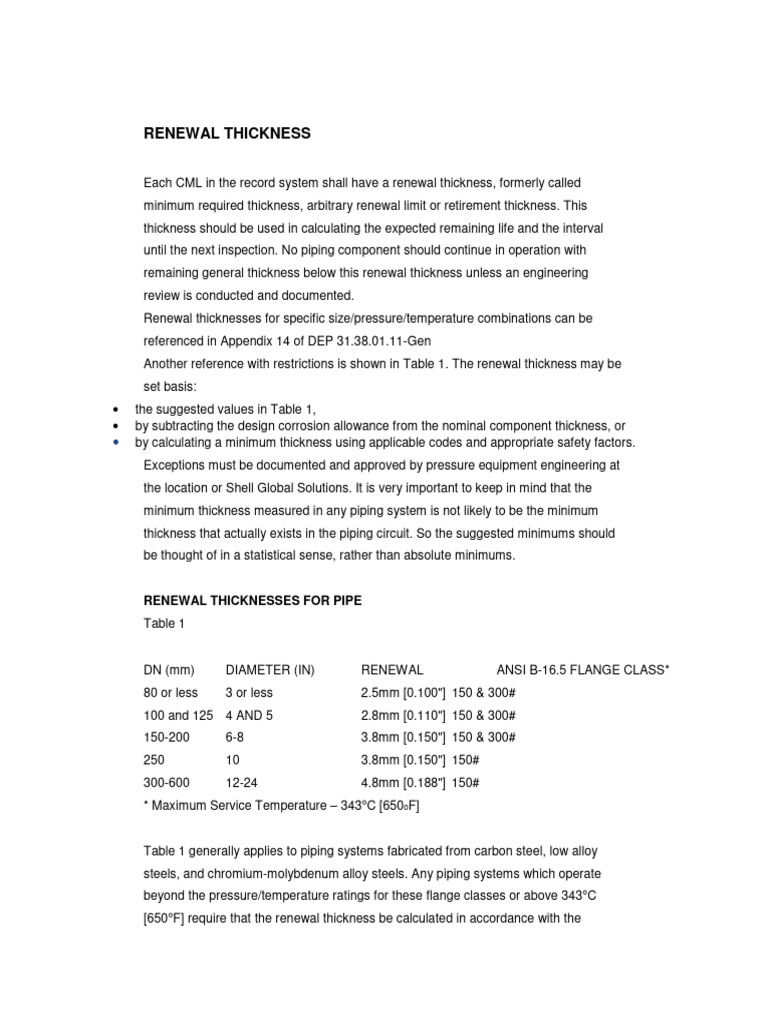 Renewal Thickness Guidelines for Piping | PDF | Pipe (Fluid Conveyance ...