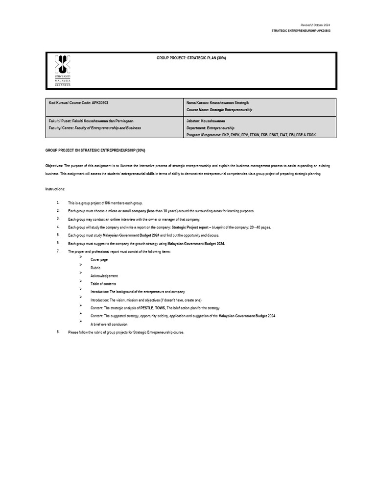 Guidelines APK30803 - Group Project (30 - ) | PDF | Entrepreneurship ...