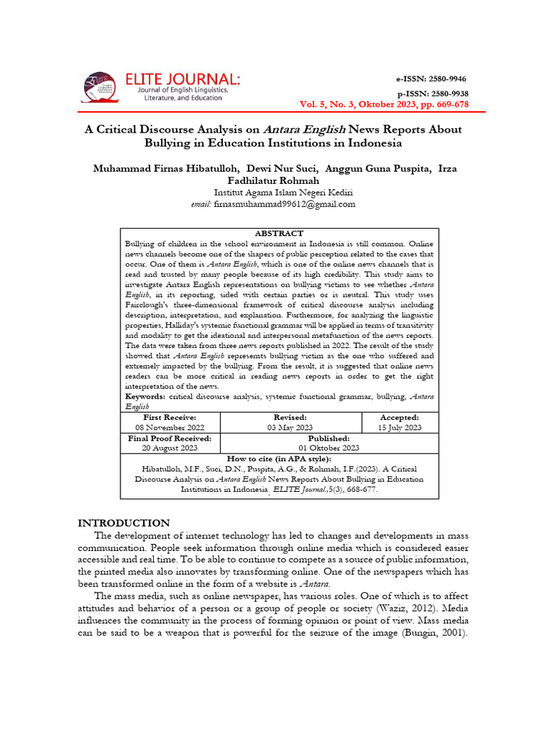 A Critical Discourse Analysis On Antara English News Reports About ...