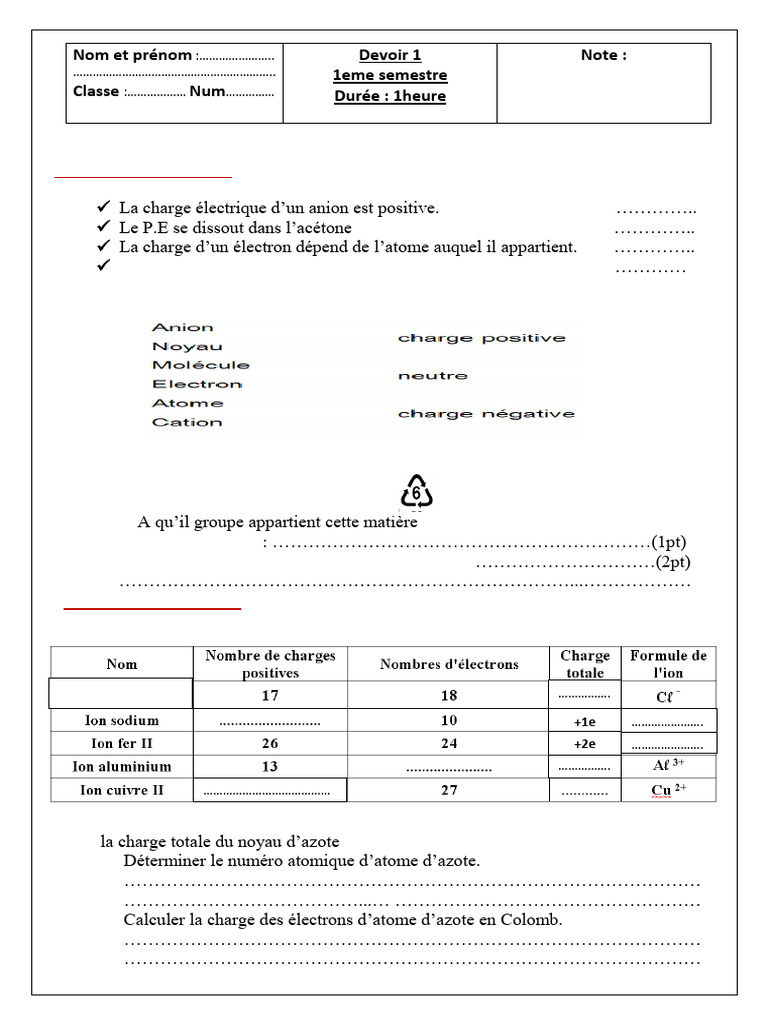 Devoir 1 Physique Chimie Semestre 1 | PDF | Atomes | Ion