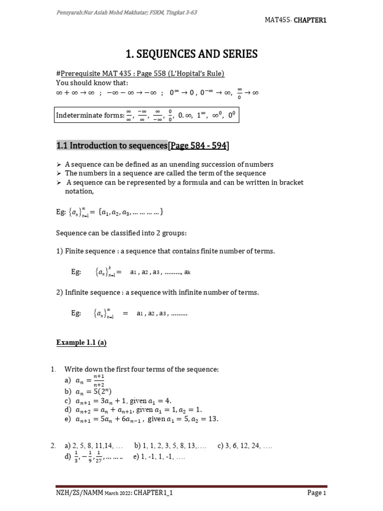 Sequences and Series Overview in MAT455 | PDF | Sequence | Series ...