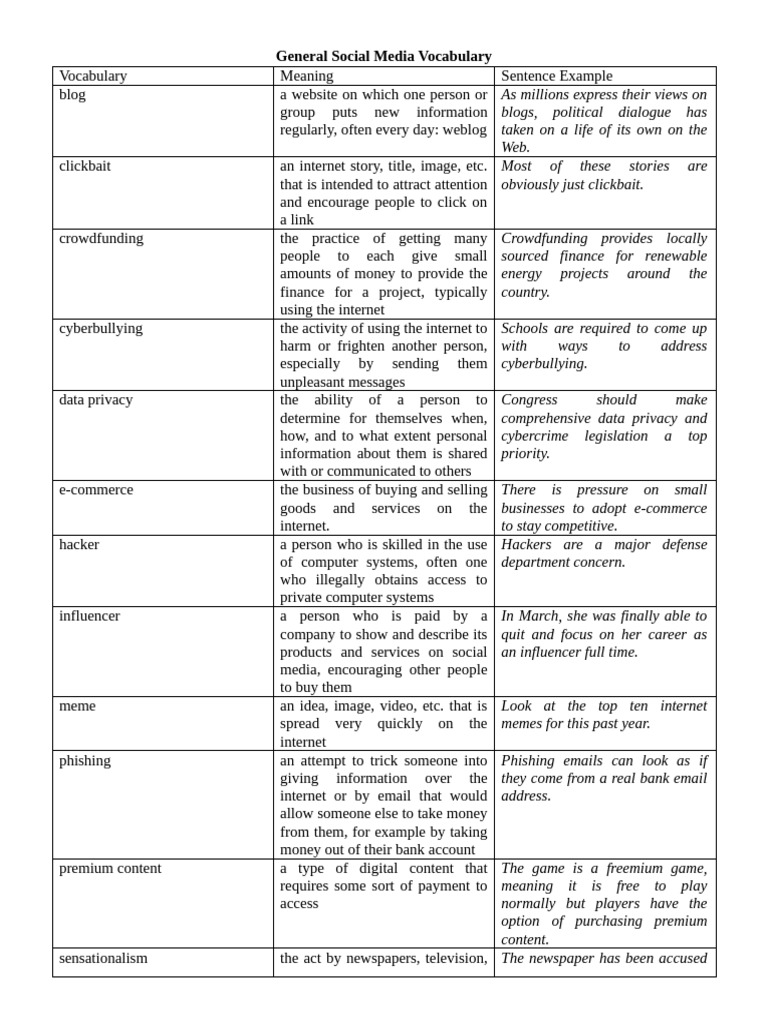 General Social Media Vocabulary | PDF | Internet | Popular Culture ...
