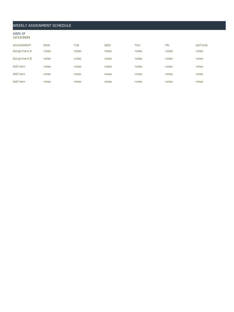 Weekly Assignment Schedule: 12/13/2024 | PDF