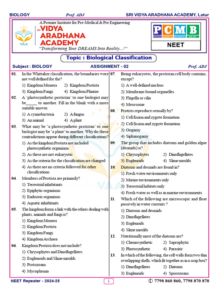 NEET Biology Assignment on Protista | PDF | Protozoa | Cell Wall