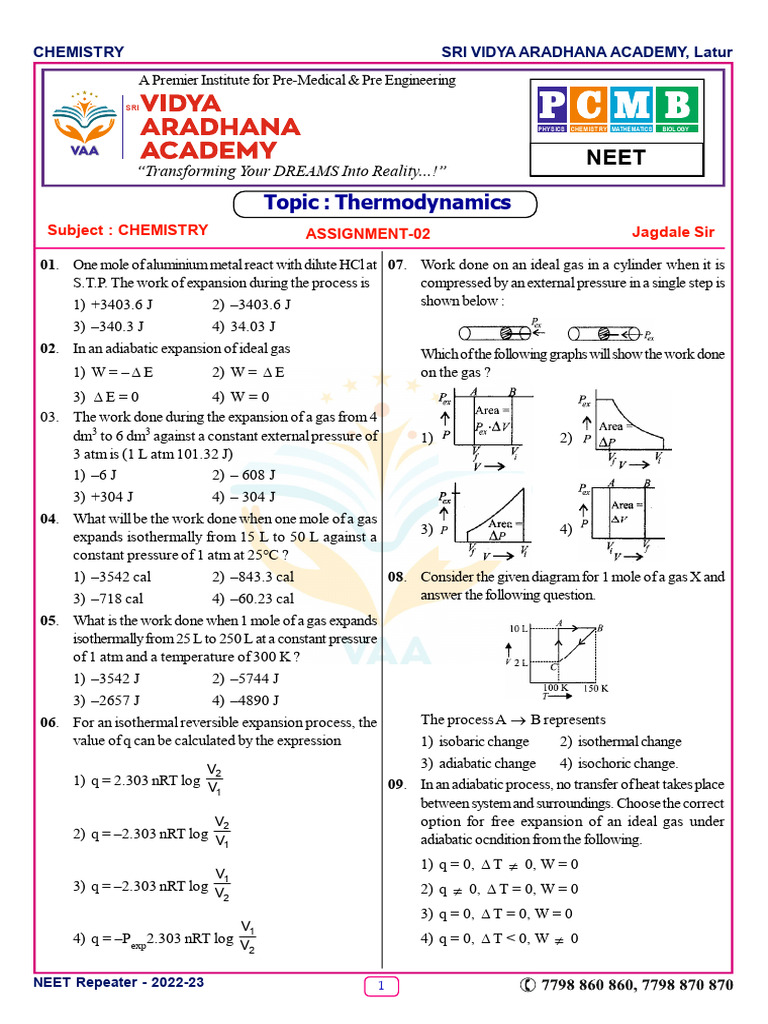 Thermodynamics Assignment for NEET 2022-23 | PDF | Gases | Branches Of ...