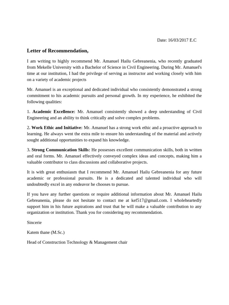 Letter of Recommendation,: Academic Excellence | PDF