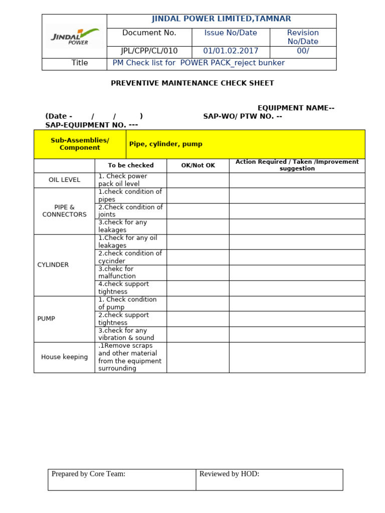 PM Check List of Power Pack Reject Bunker .WASHERY | PDF
