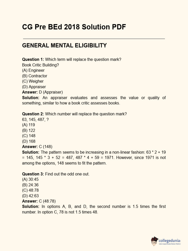 CG Pre BEd 2018 Solution PDF | PDF | Teachers