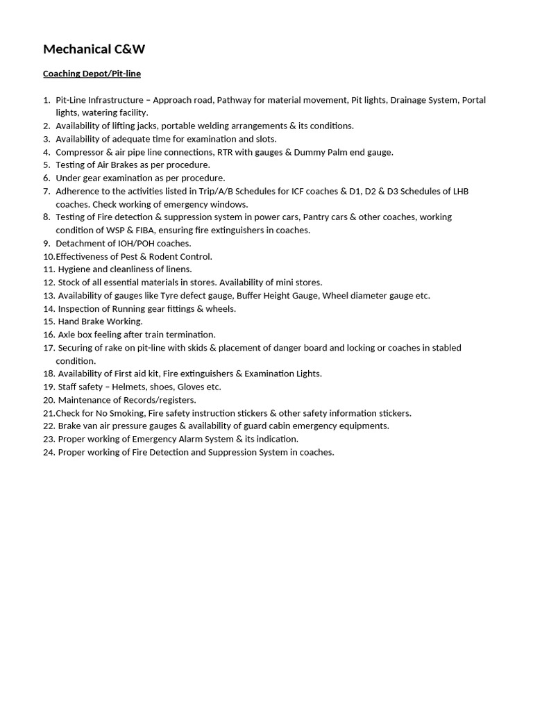 Pit-Line Operations in Coaching Depots | PDF